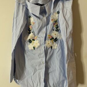 Blue Striped Floral Embroidered Skirt